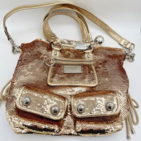 RARE Coach 15383 Poppy Gold Sequin Spotlight Satchel Purse Handbag READ - Picture 1 of 15